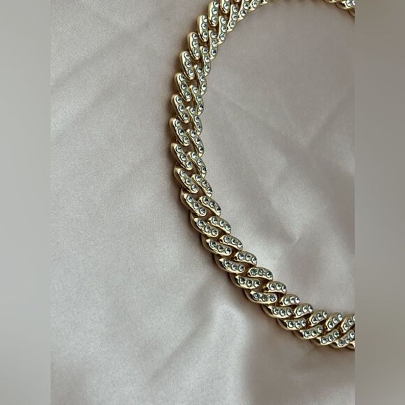 Gold-Tone Cuban Link Chain Necklace with Rhinestones - Picture 5 of 10